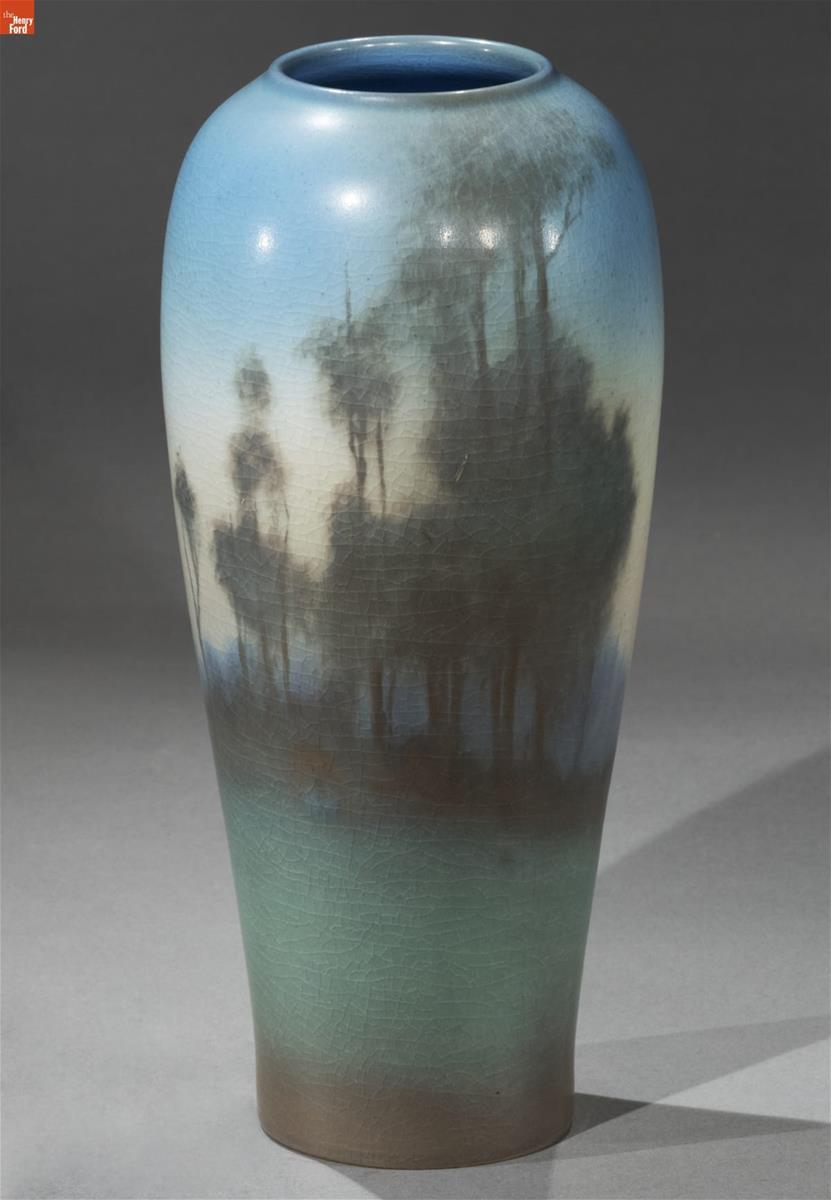 Rookwood Pottery Vase, 1917 Pottery vase with impressionistic landscape scene in blues and greens