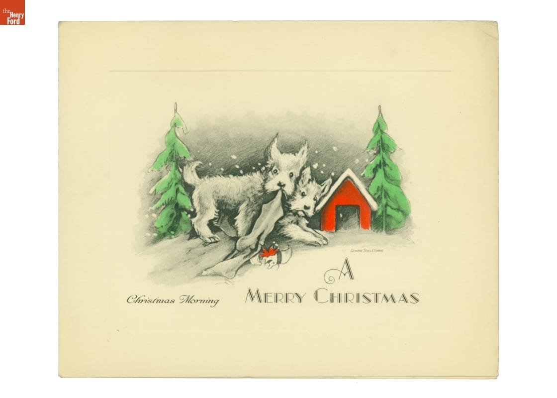 Christmas Card, "A Merry Christmas," 1933 Two Scottie dogs in the snow amid evergreens and in front of a red doghouse; one holds a stocking with a toy coming out of it