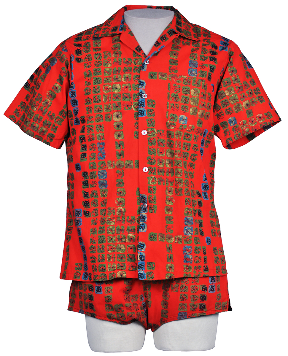 Cabana Set, 1955 Red shirt and shorts featuring blue and green squares filled with various patterns