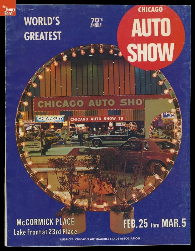 Program, "70th Annual Chicago Auto Show," February 25 through March 5, 1978 Circular photo of cars on display on a blue background; contains text