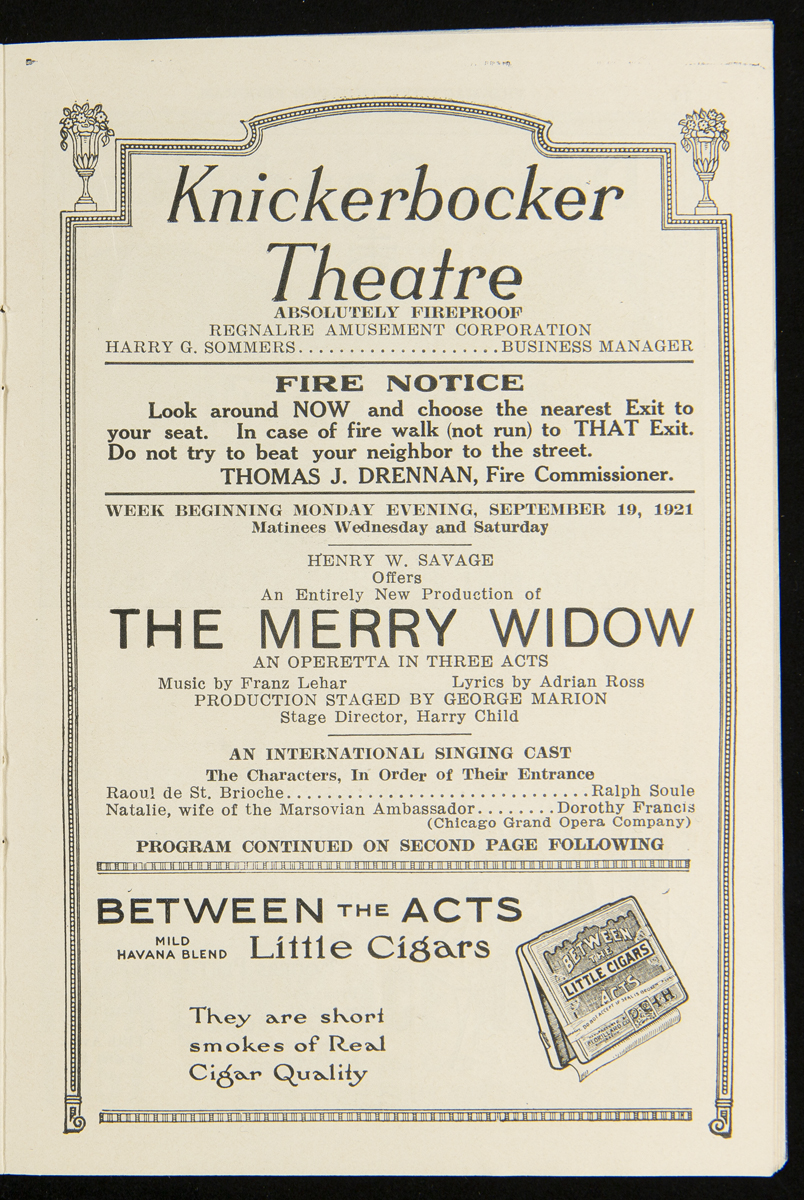 Program for "The Merry Widow" at the Knickerbocker Theatre, New York, New York, September 1921 / page 25 Page with text