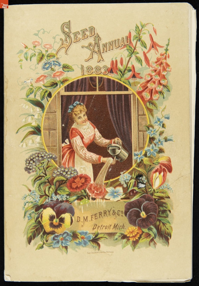 D.M. Ferry & Co. Seed Annual Descriptive Catalogue, 1883, front cover Woman watering plants from window, surrounded by flowers and text
