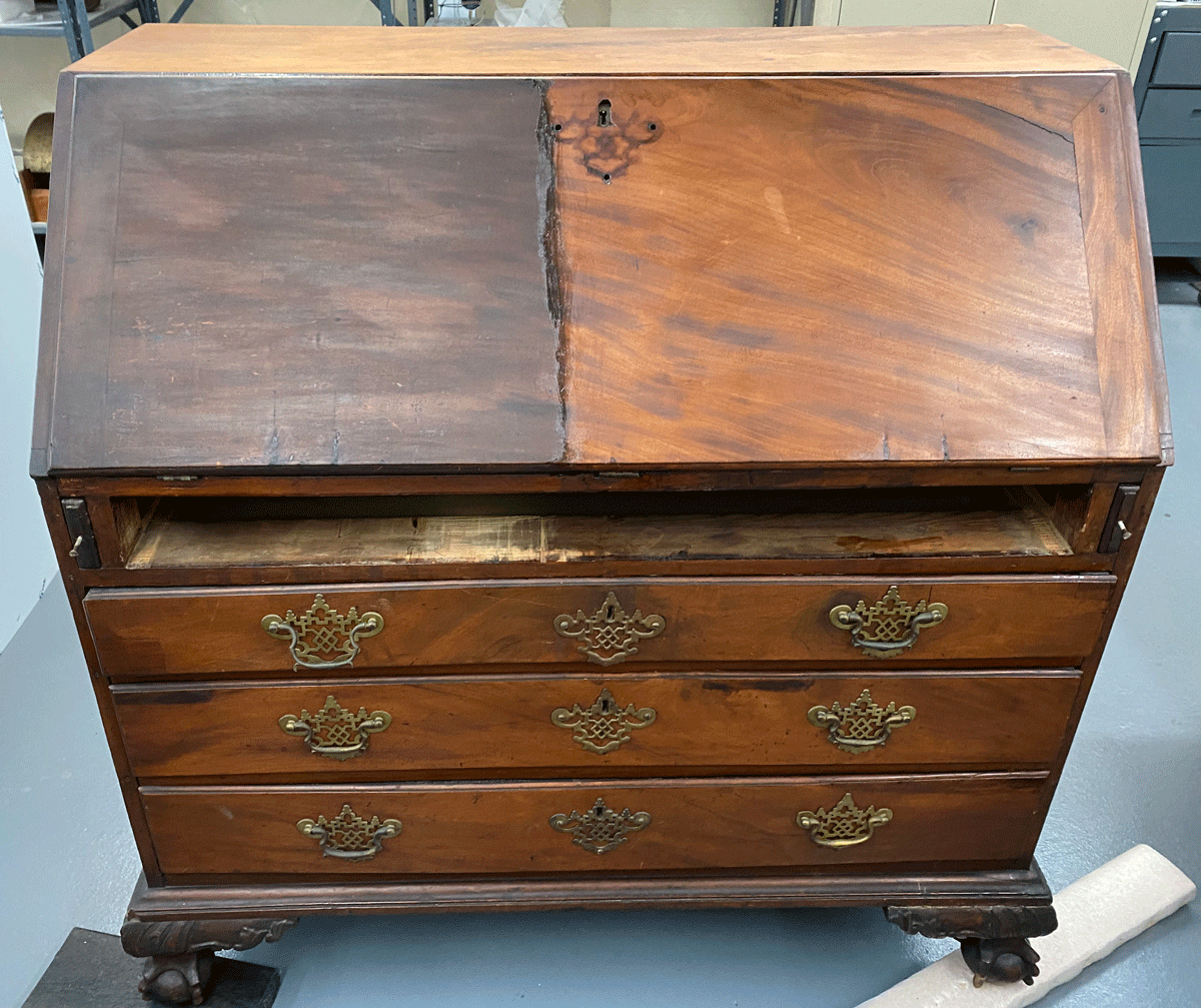 View during shellac removal with the right side of the drop-front stripped.