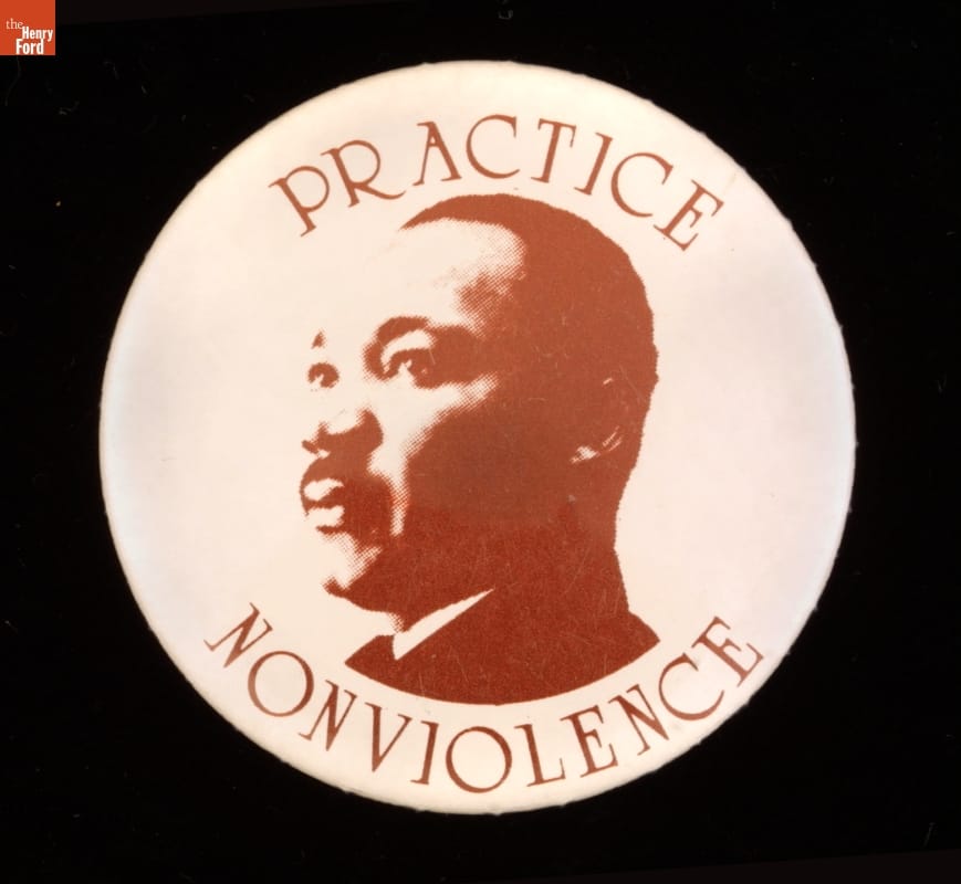 THF8434 Button, 'Practice Nonviolence,' circa 1965, indicating support for Dr. Martin Luther King's nonviolent tactics.