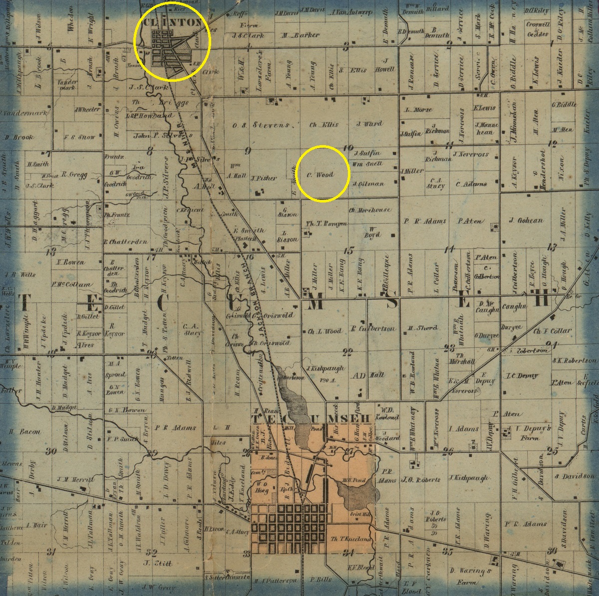 1857 map of portion of Tecumseh Township Map labelled TECUMSEH with two yellow circles, one around a plot labeled "C. Wood" and the other around an area labeled "Clinton"