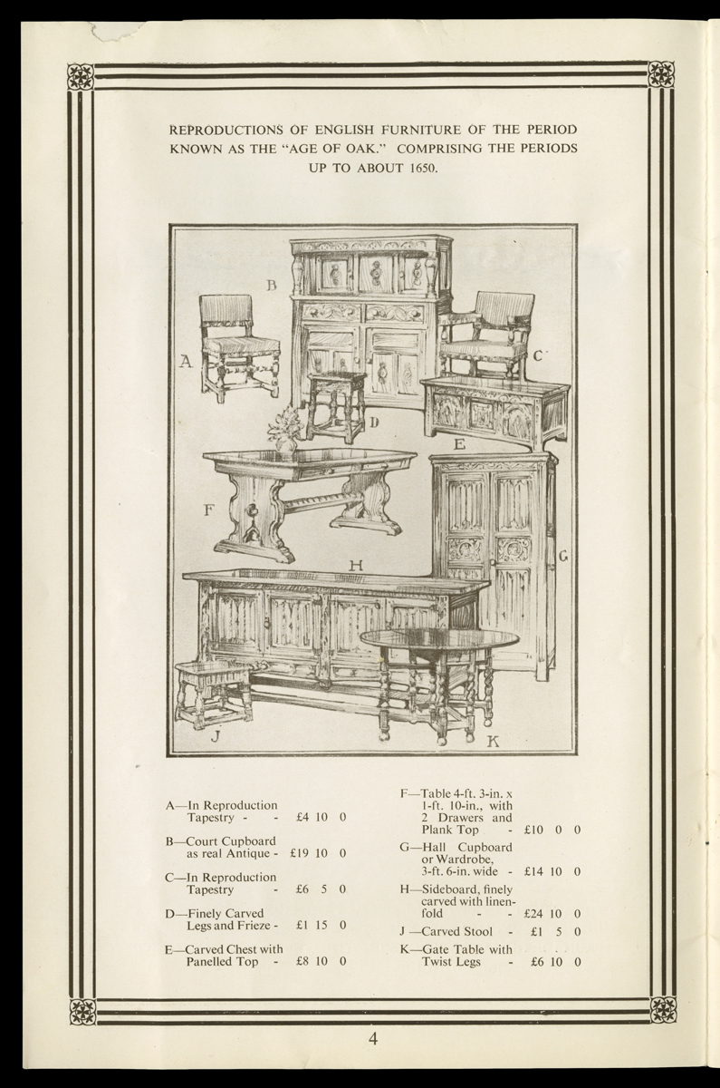 Houghton Studio Catalog, "Houghtons...Design & Manufacture of Decoration, Furniture, Etc.," 1925-1928 / page 25 Page with line drawings of furniture with textual key underneath