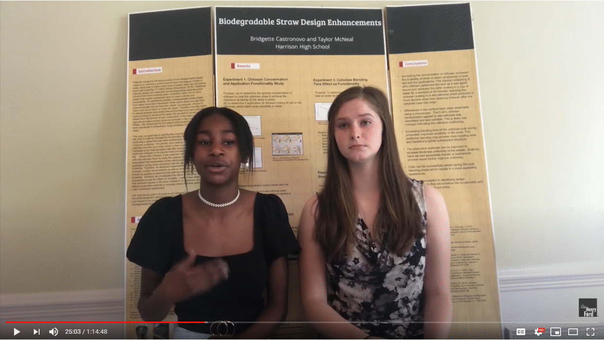 Invention Convention participants show off their inventions. GIF cycles through video screenshots of girls with invention prototypes and/or explanatory displays