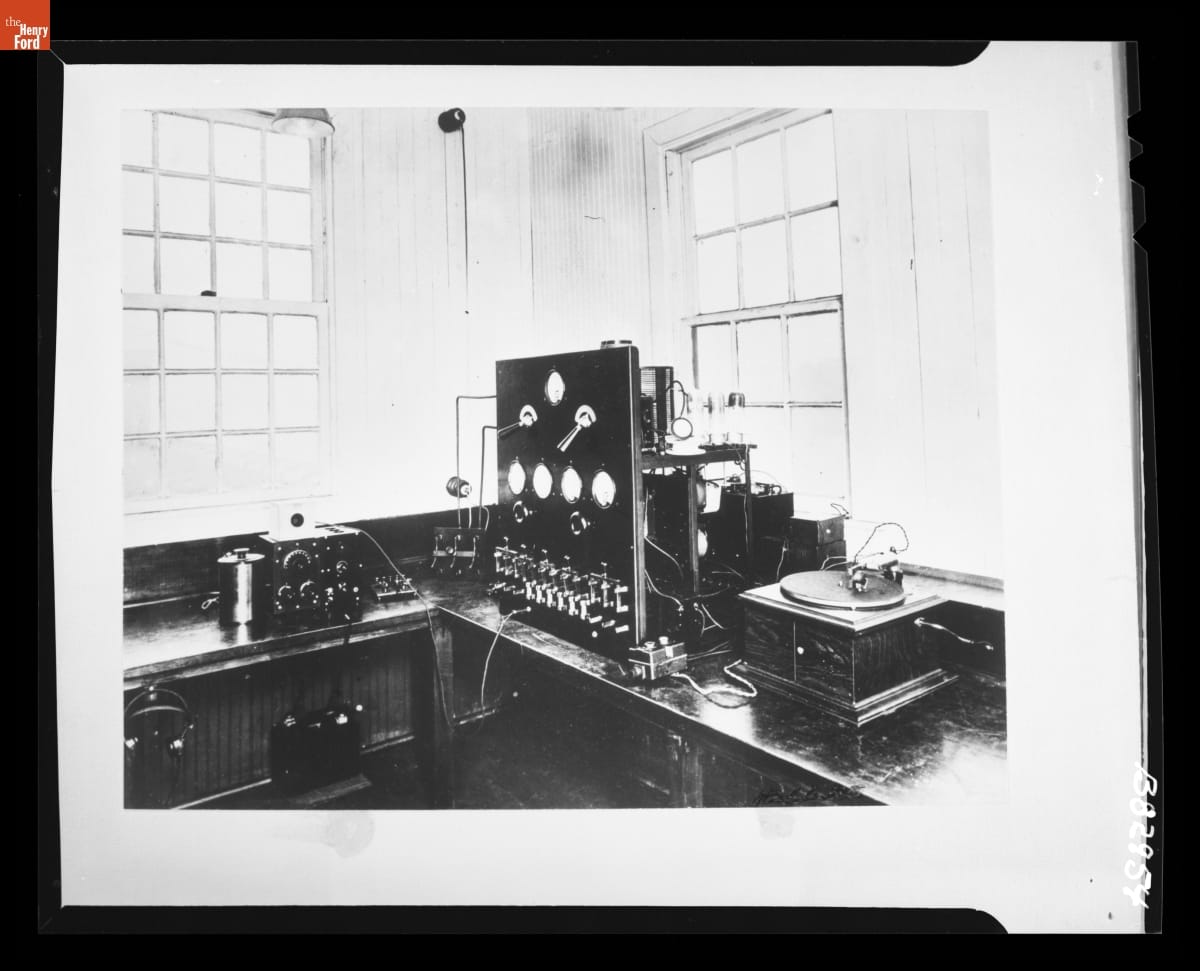 Transmission Room of the Westinghouse Radio Station KDKA Pittsburgh, 1920 Equipment with dials and wires on table in windowed room