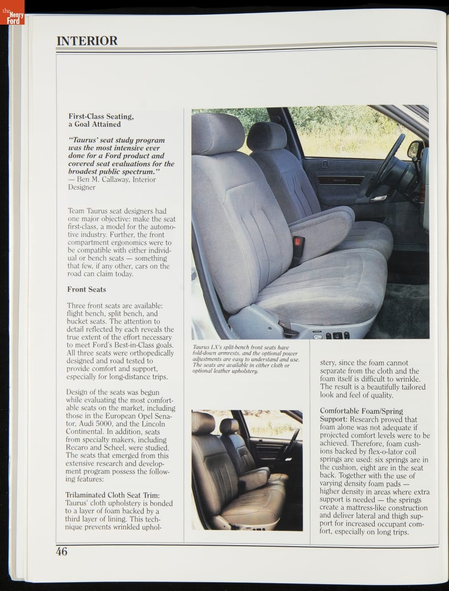 Marketing Manual for the 1986 Ford Taurus / page 46 Page with text and two images of front car seats