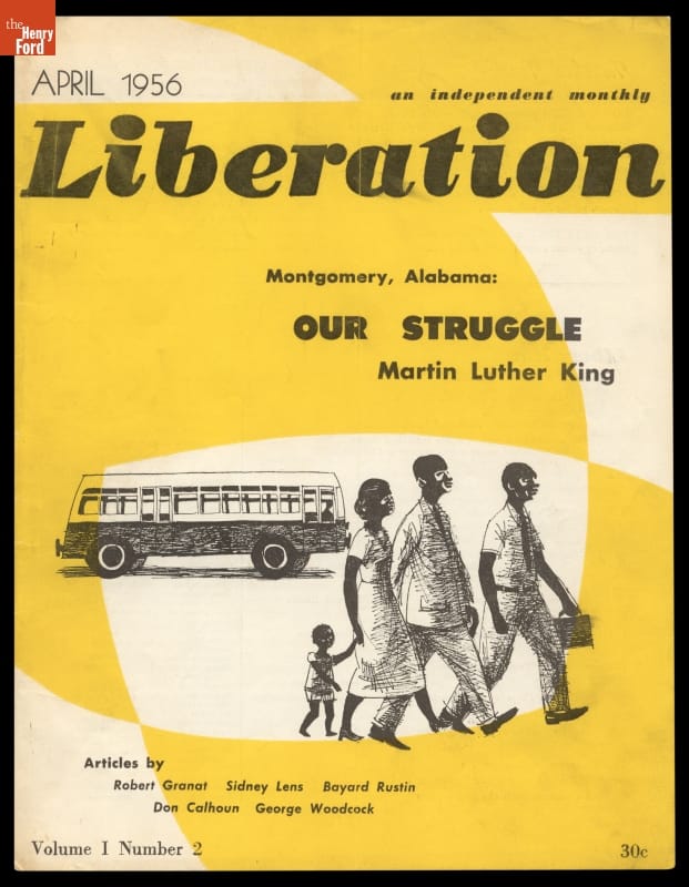 Graphic yellow-and-white cover with text and image of African American people walking in foreground with a bus in the background