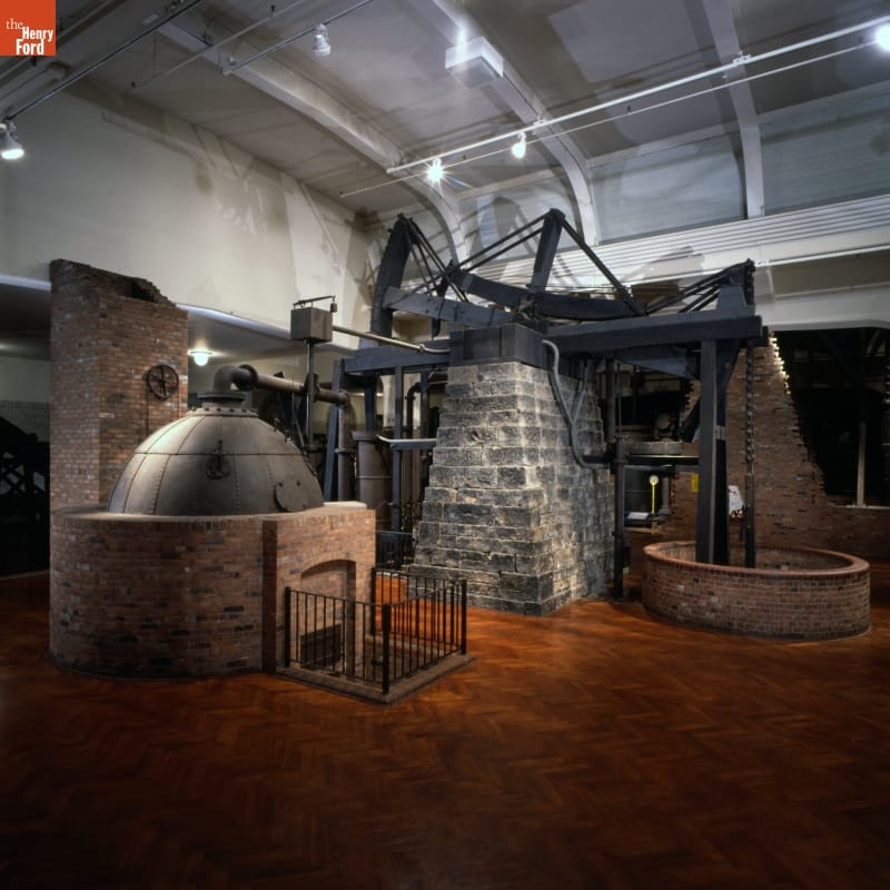 Newcomen Engine, circa 1750 Brick, wood, and stone apparatus in large room