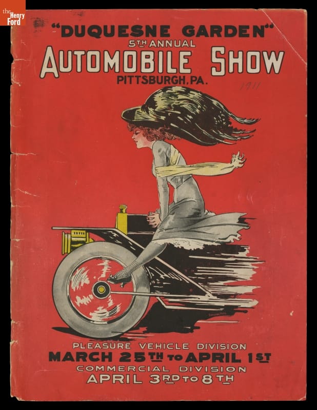 Program, "Duquesne Garden 5th Annual Automobile Show," Pittsburgh, Pennsylvania, March 25- April 8, 1911 Image of front end of car with a woman in a large hat straddling it on a red background; contains text