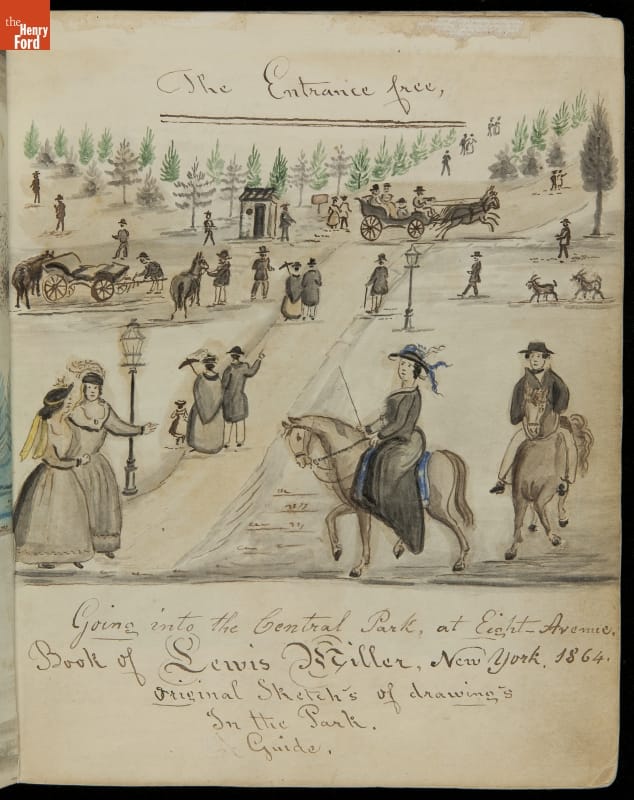 Lewis Miller Sketchbook of Watercolor Drawings of Central Park in New York, with Handwritten Notes, 1864 / page 16 Page with hand-written text and painting of people on horseback, pedestrians, and carriages in a park