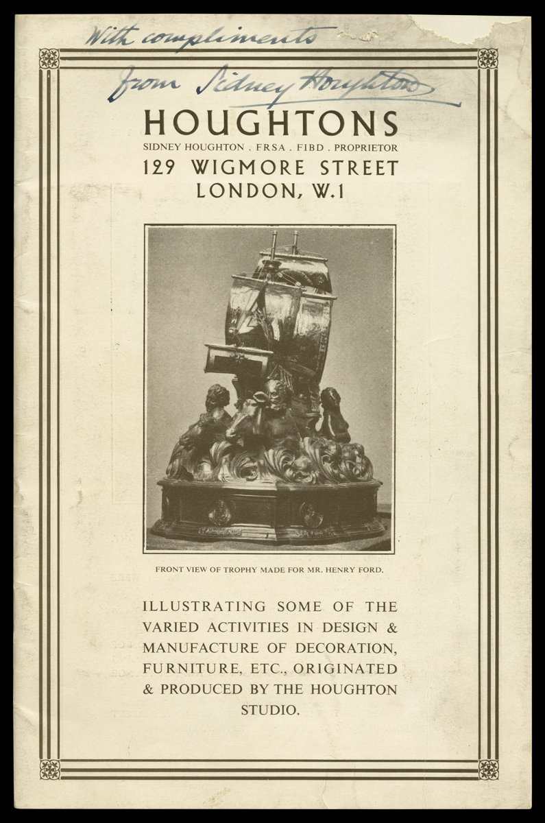 Houghton Studio Catalog, "Houghtons...Design & Manufacture of Decoration, Furniture, Etc.," 1925-1928 Page with text and photo of statue of ship and figures in water