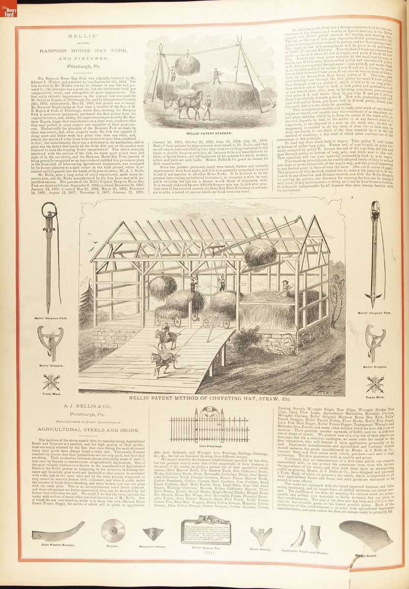 Page with text and several line drawings that show agricultural work and tools
