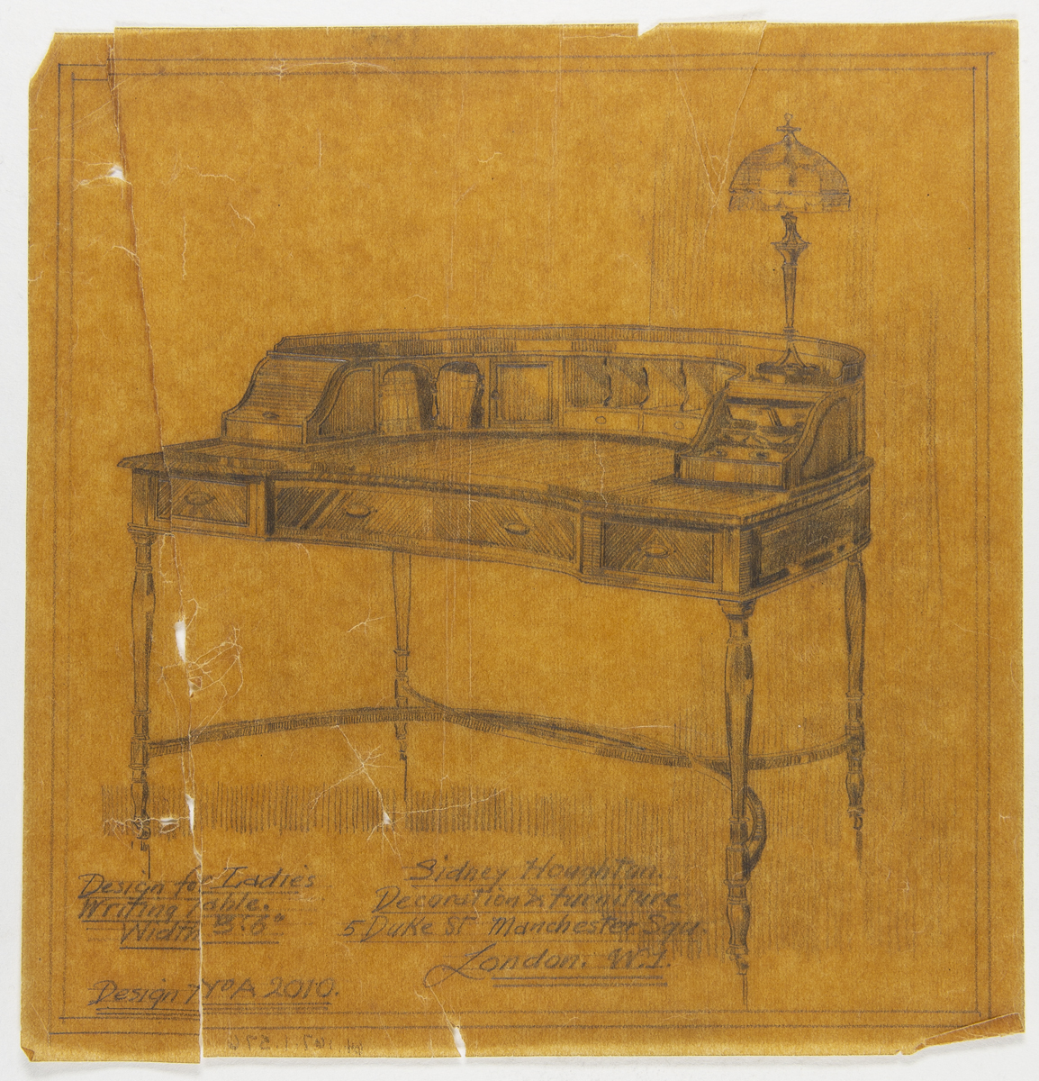 Presentation Drawing of a Ladies' Writing Table for Fair Lane Estate, 1922-1924 Yellowed drawing of a semi-circle shaped desk with raised cubbies around the edge