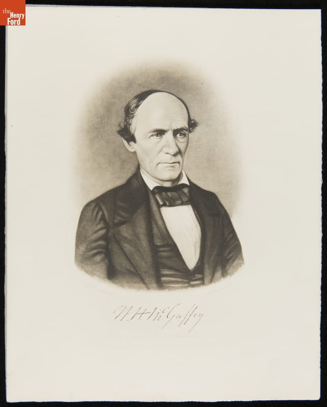Portrait of William Holmes McGuffey, circa 1855 Black-and-white portrait of man with receding hairline wearing suit