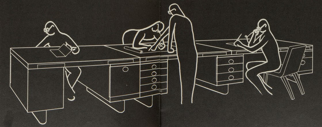 White line drawing on black of stylized human figures working at desks