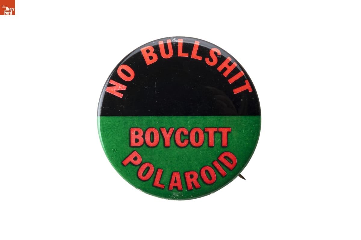 THF196993 'No Bullshit: Boycott Polaroid' Button, circa 1970-1975, created by the Polaroid Revolutionary Workers Movement.