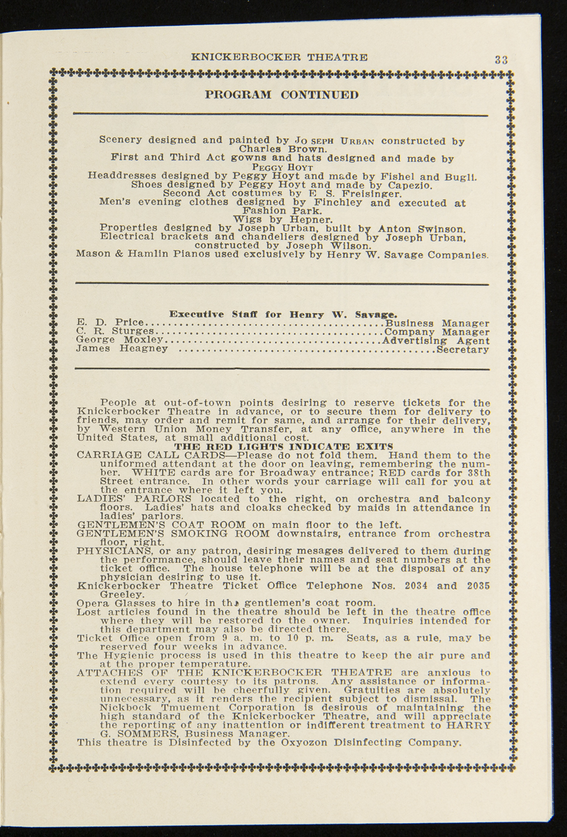Program for "The Merry Widow" at the Knickerbocker Theatre, New York, New York, September 1921 / page 33 Page with text