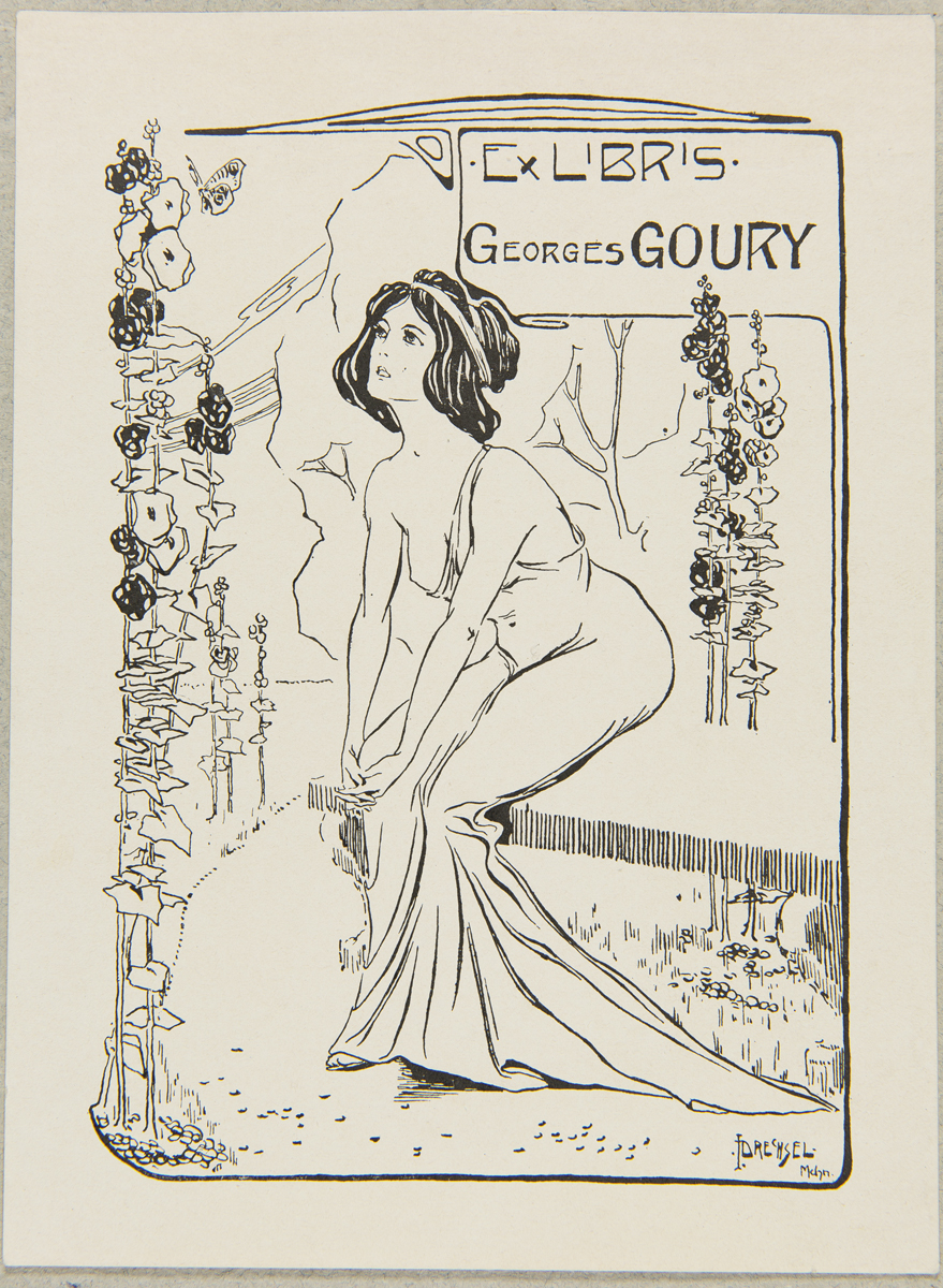 Bookplate of Georges Goury, 1900-1910 Woman sitting in a garden looks at flowers and a butterfly; contains text