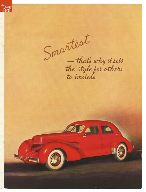 1937 Cord Sales Brochure, "Quality Automobiles" Image of red car on gold and black background; contains text