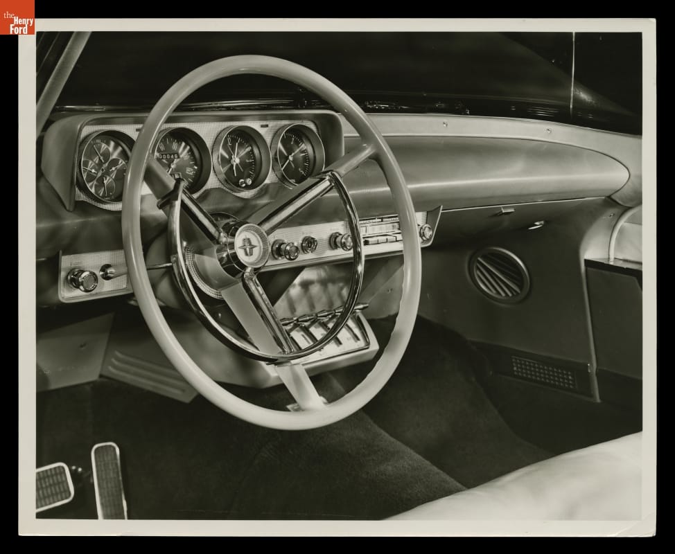 1956 Continental Mark II Interior, Showing Steering Wheel and Instrument Cluster Car dashboard with large steering wheel