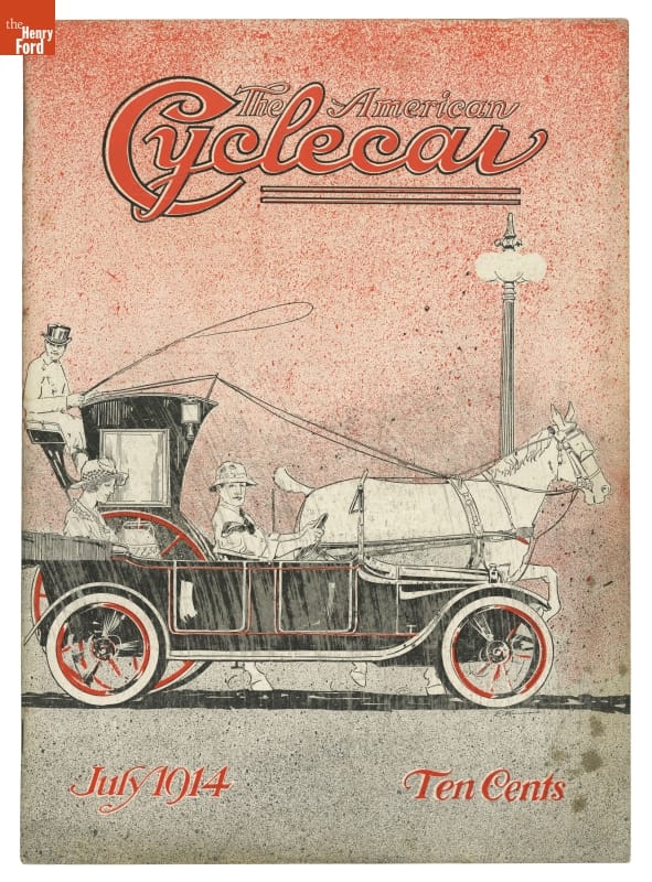 "The American Cyclecar" Magazine for July 1914 Illustration of car next to horse and carriage with light red background and text