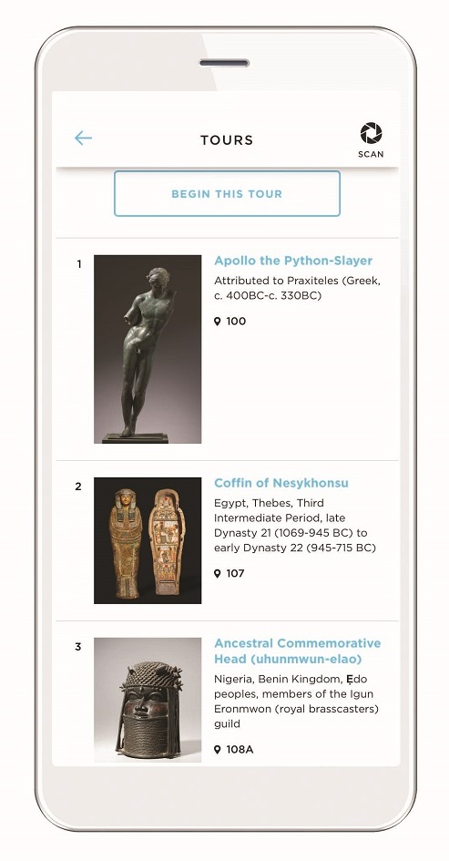 ArtLens App, The Cleveland Museum of Art Image of white smartphone with screen showing several artworks with text about each