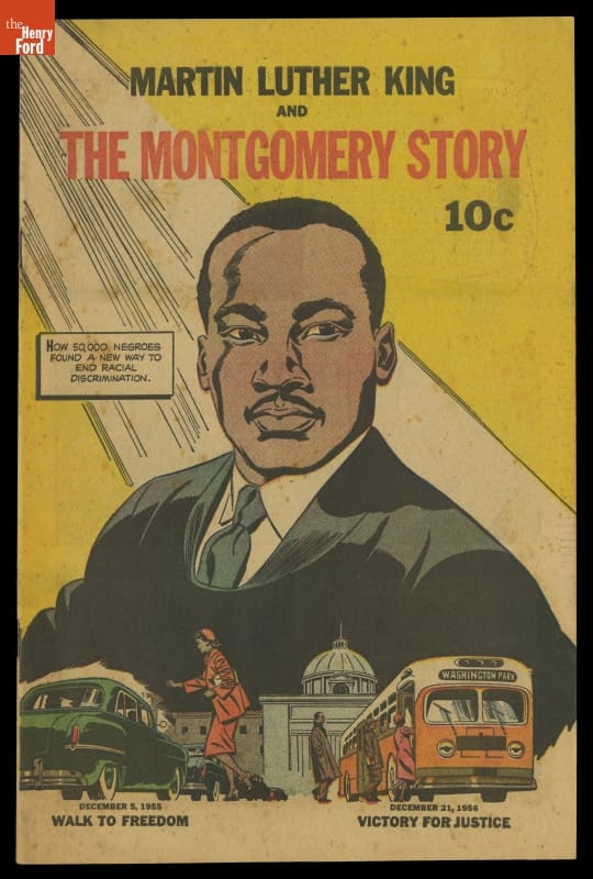 Illustration of Black man in suit with smaller inset images of busses, also contains text