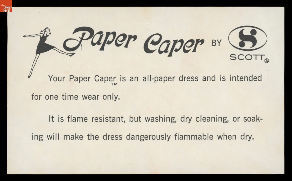 Manufacturer's Label with Care Instructions for a Flame Resistant Paper Dress, 1966-1967 Label with small image of woman in black dress and text