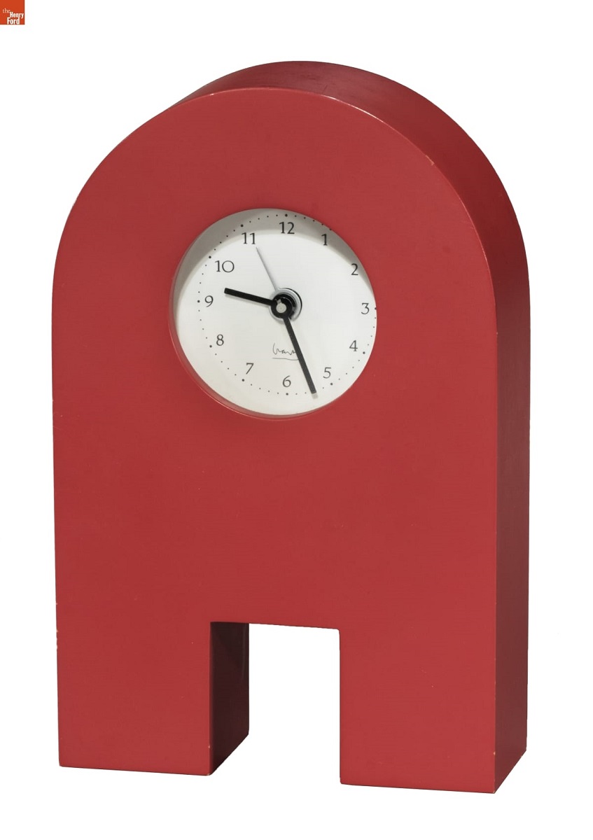 Arch Alarm Clock, Designed by Michael Graves, 1999 Arch-shaped red clock with small face in center