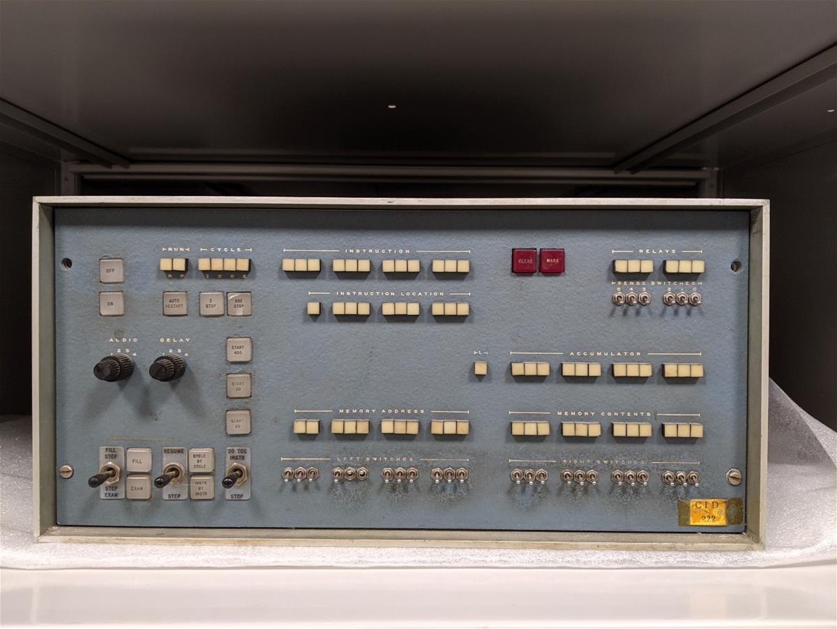 LINC console built by Jerry Cox, 1964 Blue console with many buttons and switches