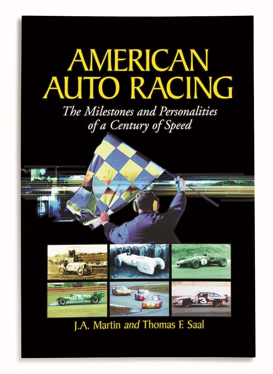 American Auto Racing: The Milestones and Personalities of a Century of Speed Black book cover with images of race cars and text