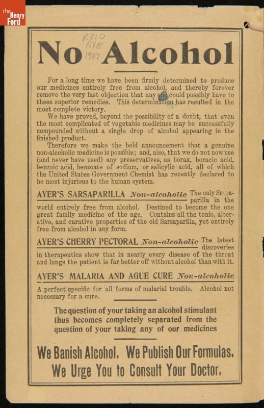 Ayer's American Almanac 1907 Page with text and large header "No Alcohol"