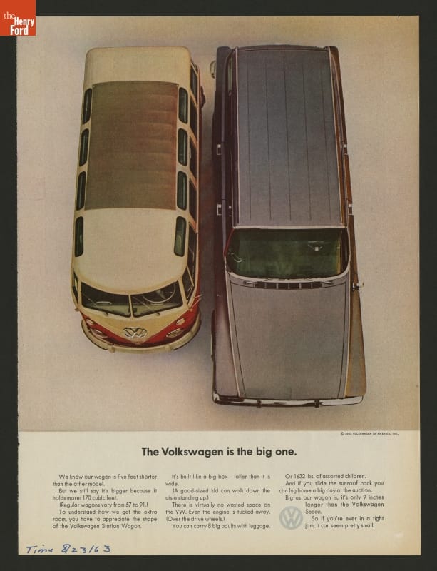 1963 Volkswagen Ad, "The Volkswagen is the Big One" Magazine advertisement page with aerial image of two vans and text at the bottom