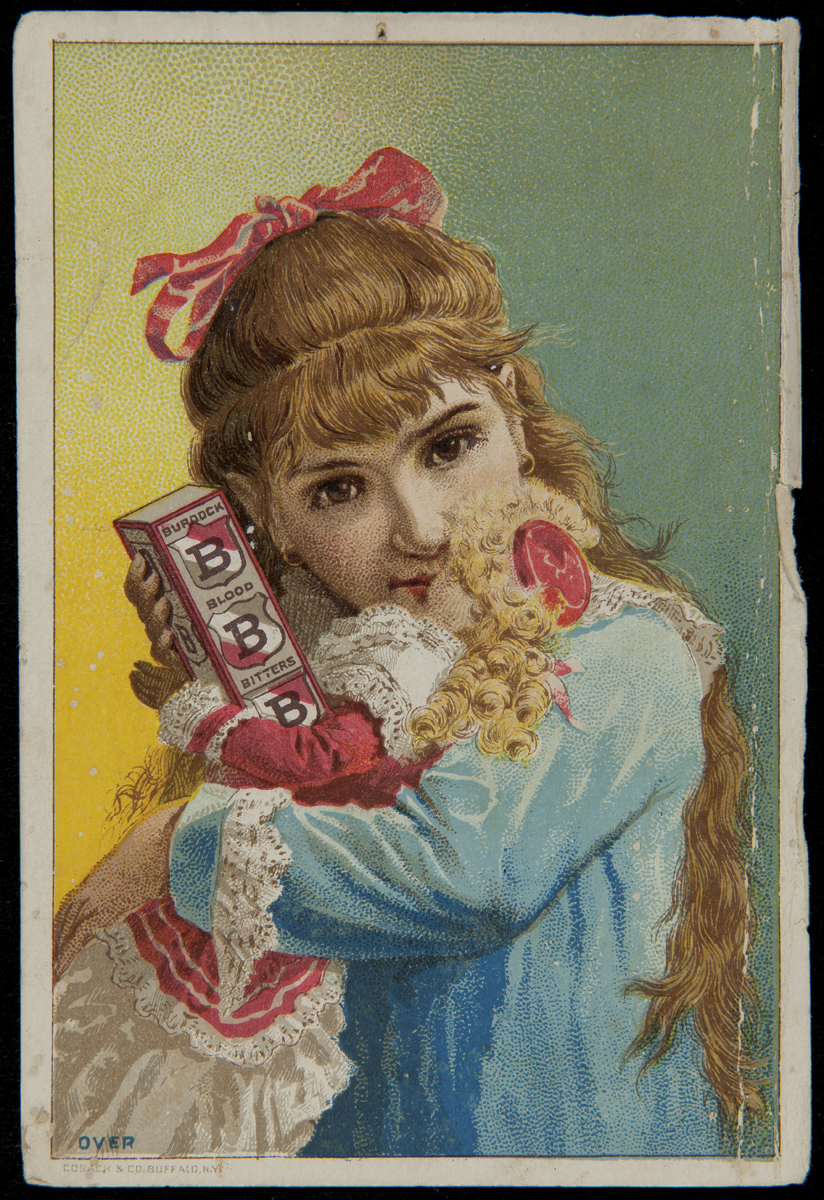 Trade Card for Burdock Blood Bitters, Foster, Milburn & Co., circa 1885 Image of young girl with long blonde hair holding doll and box