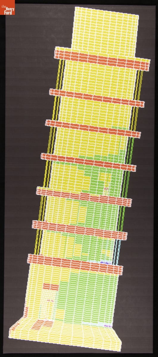 "Leaning Tower of Pisa" by Lillian F. Schwartz, 1999-2000 Stylized print of yellow and green tower with pink rings tilted to one side on black background