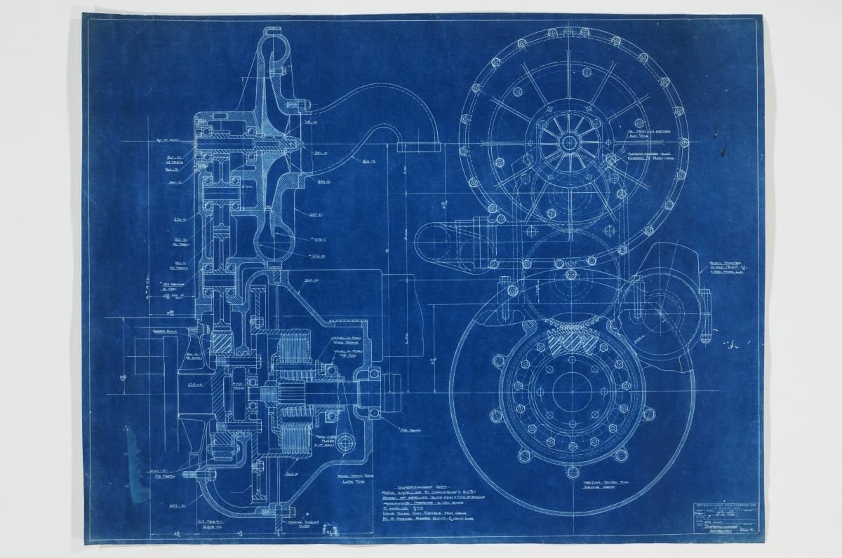 Supercharger Assembly Drawing, Offenhauser Engine, April 21, 1934 Blueprint of technical drawing of engine