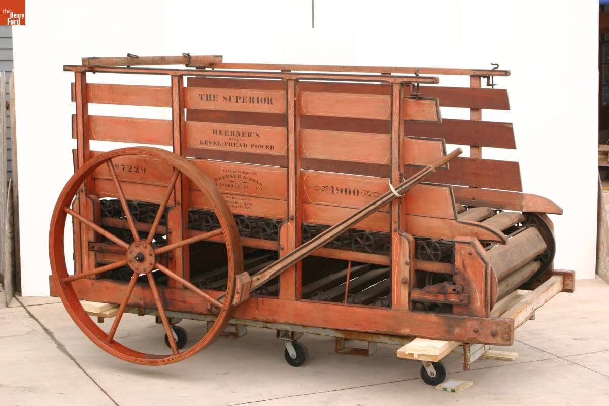 Two-Horse Treadmill-Type Horse Power, circa 1900 Red treadmill with wooden sides and large wheels in back; also contains text on side