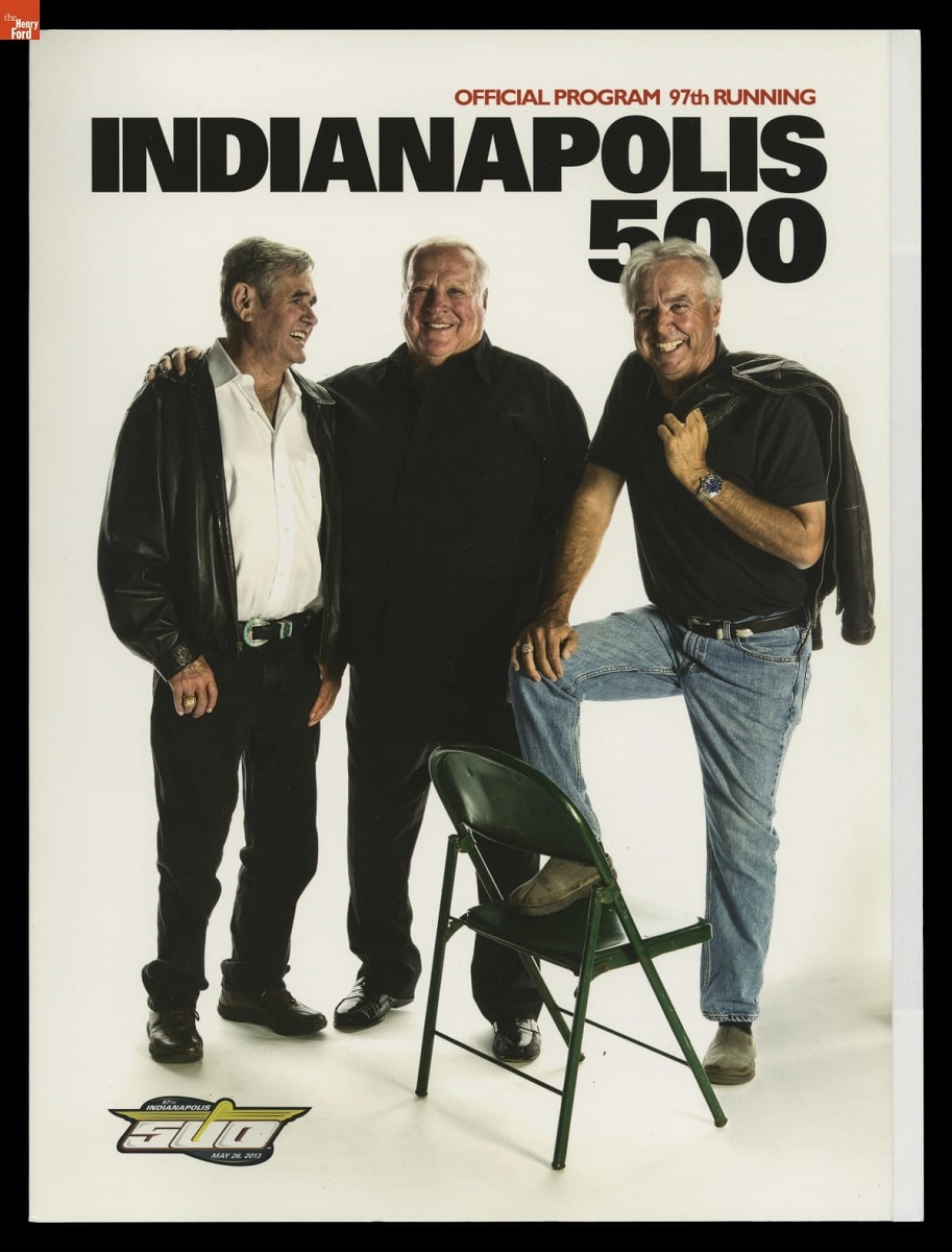 Program, "Official Program: 97th Running Indianapolis 500," 2013 Page with text and photo of three standing men, one with foot up on a folding chair