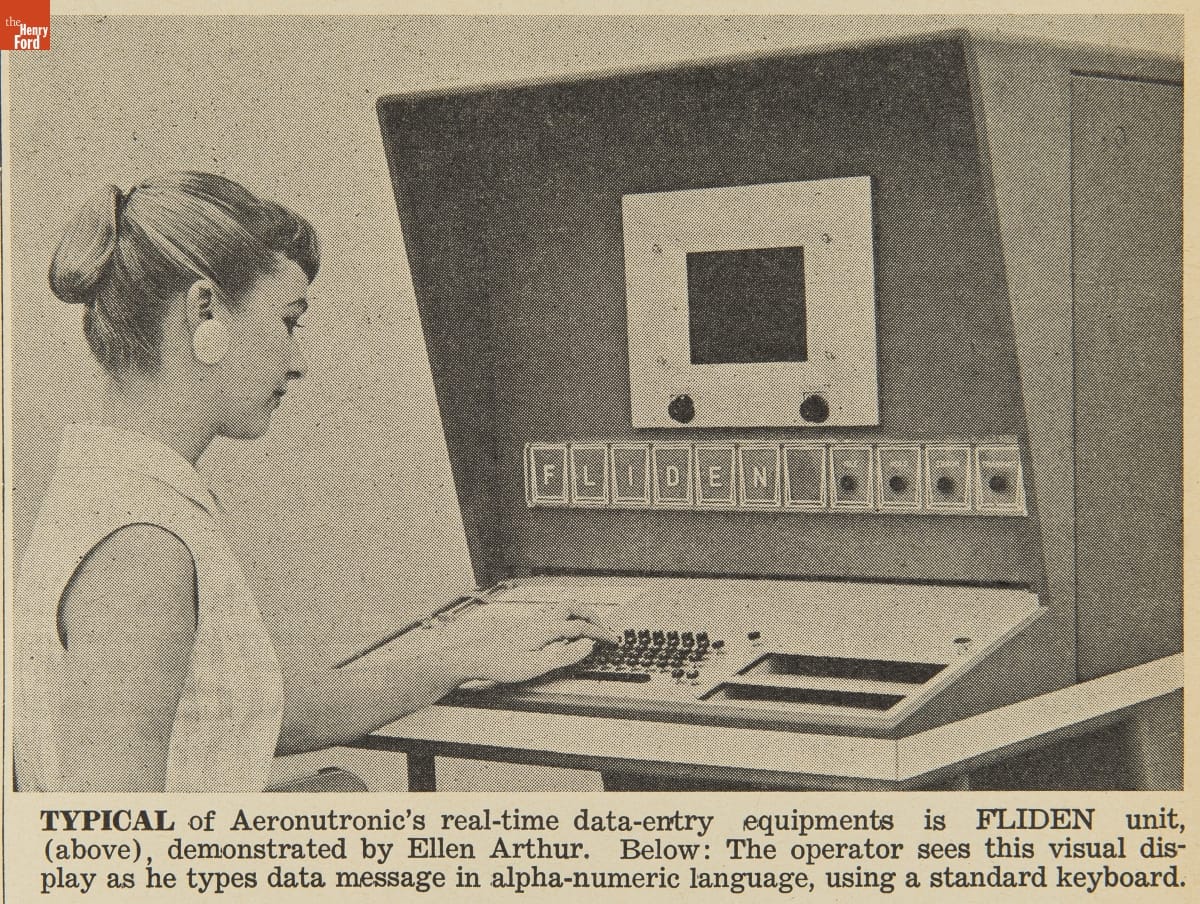 Aeronutronics News, Volume 1, March-December 1960 / detail 2 Black-and-white photo of woman working at boxy console with keyboard; also contains text