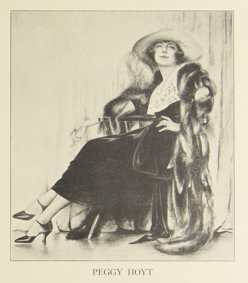 The Right Angle, 1922 / page 14 Illustration of seated woman in dress, hat, and fur coat with text "Peggy Hoyt"