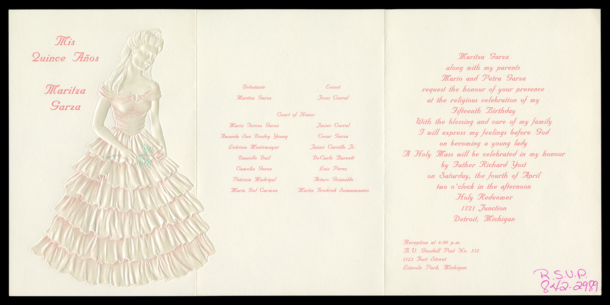 Invitation to the Quinceanera Celebration of Maritza Garza, 1992 / inside Open, tri-fold invitation with pink text on cream paper and embossed image of girl in a tiered gown