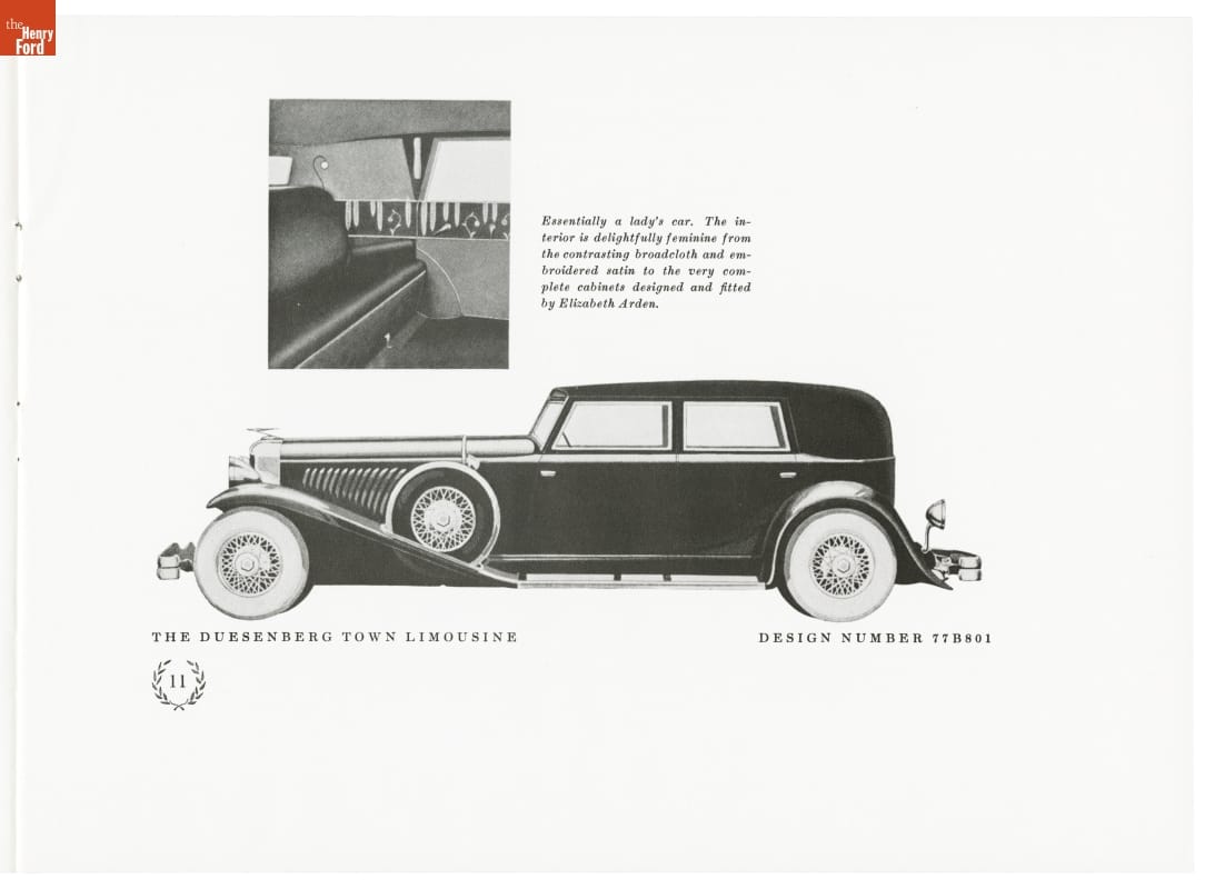 1930 Duesenberg Sales Catalog, "The World's Finest Motor Car" / page 11 Long black car with long fenders; also contains text and inset image of car interior