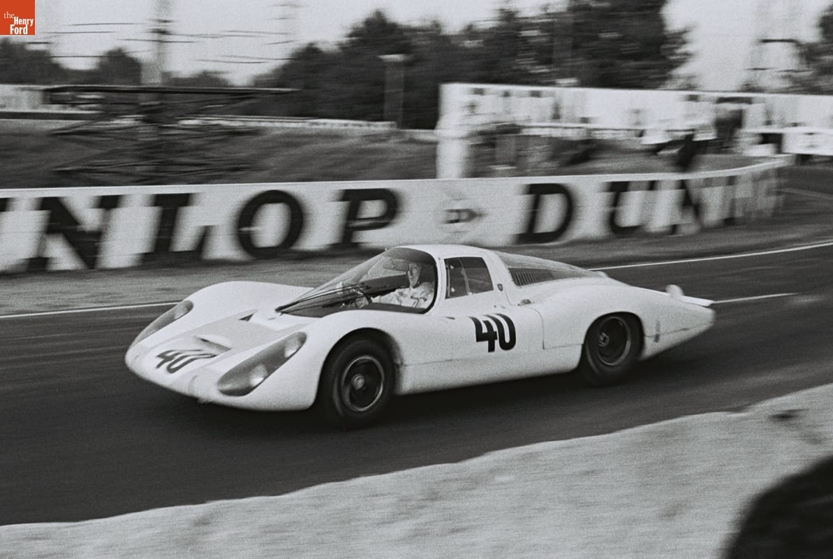 Porsche 907 LH Driven by Jochen Rindt and Gerhard Mitter in the 24 Heures du Mans (24 Hours of Le Mans) Race, June 1967 Low race car with number "40" on side on race track