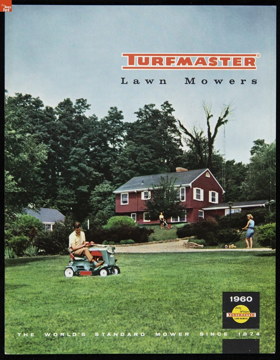 Dille & McGuire Manufacturing Company Catalog, "Turfmaster Lawn Mowers," 1960 Image of red house behind large green lawn with man on riding lawnmower