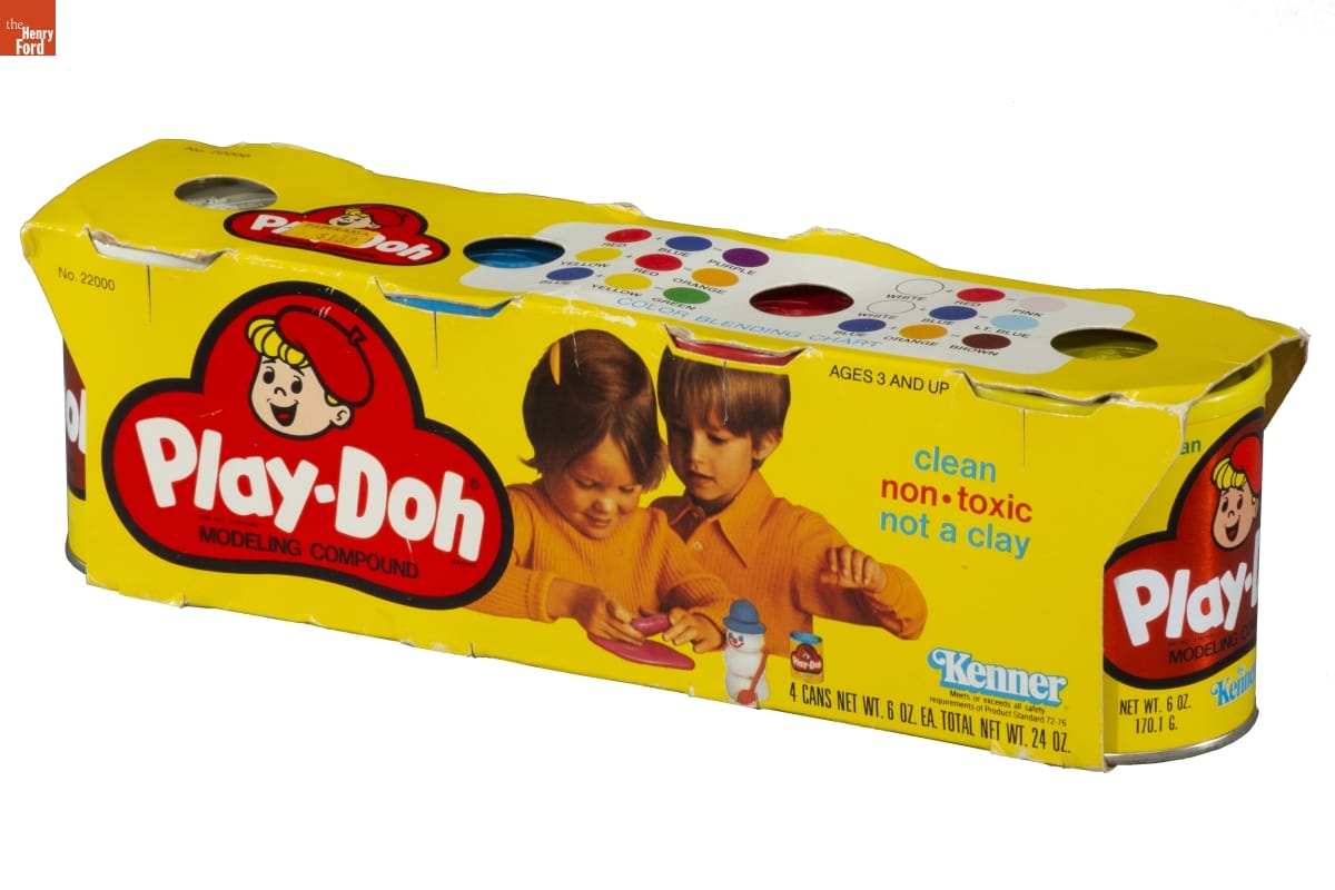 Set of Play-Doh, circa 1979 Yellow packaging with text and photo of two children playing