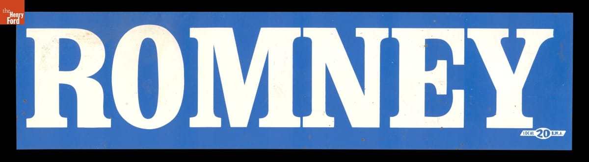 "Romney" Bumper Sticker, 1968 Blue bumper sticker with white text “ROMNEY”