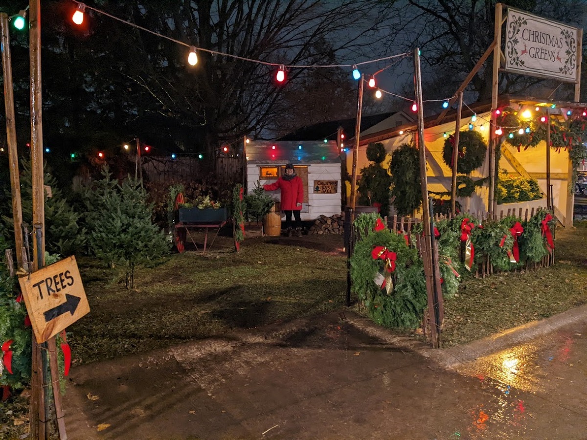 Christmas greens lot at Holiday Nights in Greenfield Village Lot with small shelter with person by it, displaying evergreen Christmas trees and wreaths